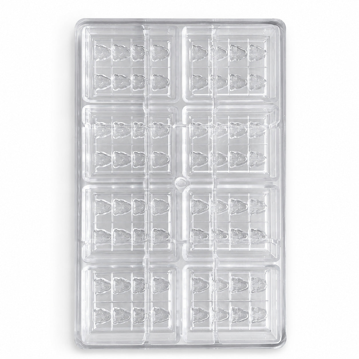 Clear custom polycarbonate chocolate mold with 64 tree-shaped cavities
