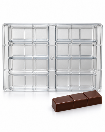 80g three-piece polycarbonate chocolate bar mold with eight cavities in four rows of two and a matching three-segment chocolate bar.